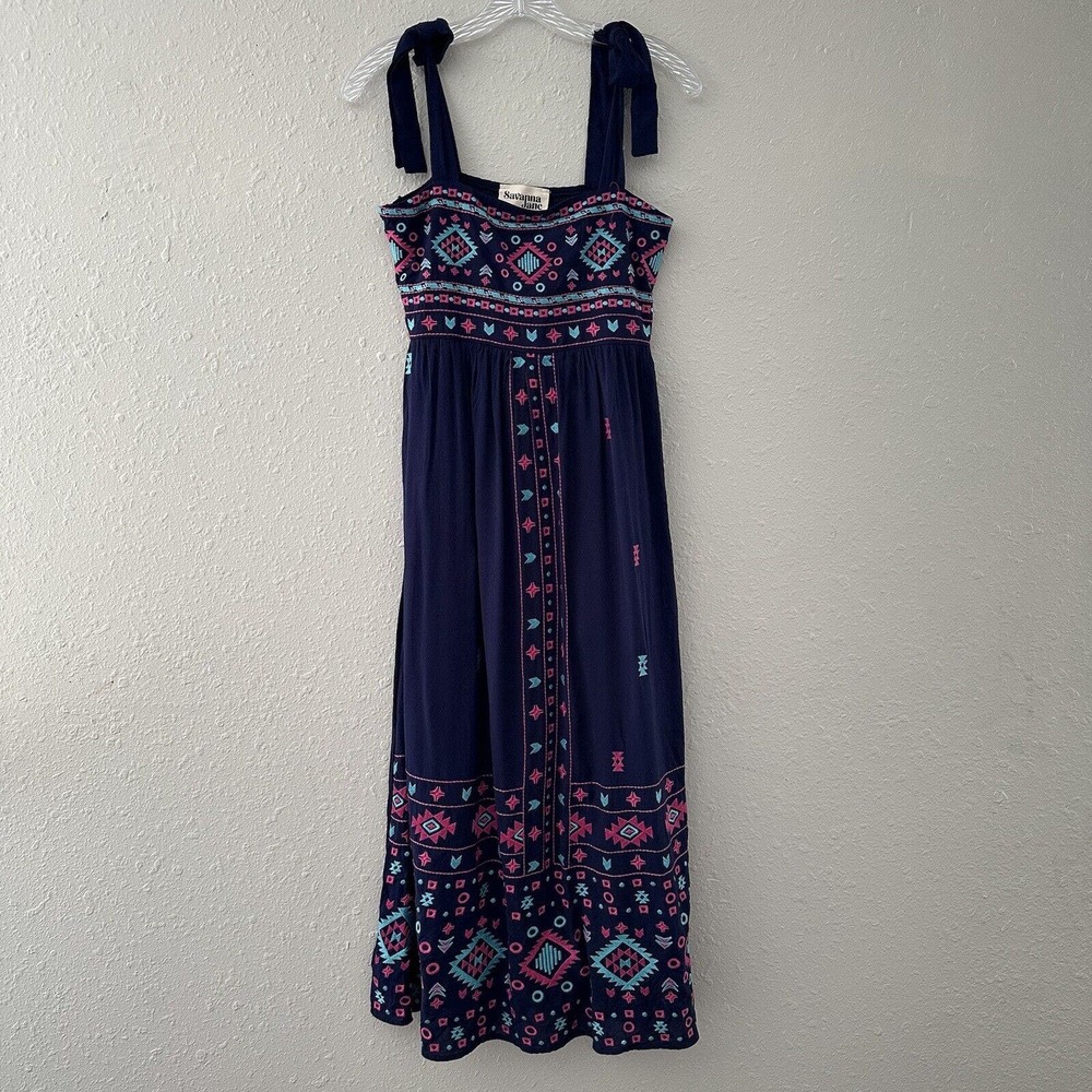Savannah Jane Maxi Dress Womens Small Navy Embroidered Midnight Magic Tie Strap